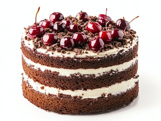 Delicious Chocolate Cherry Layer Cake with Cream on White Background