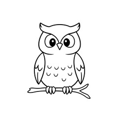 Obraz premium Cartoon Owl on Branch Line Art Black and White Illustration