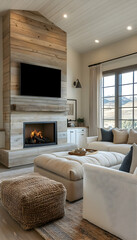 Fototapeta premium Living room features a fireplace, TV, and cozy seating in a modern design