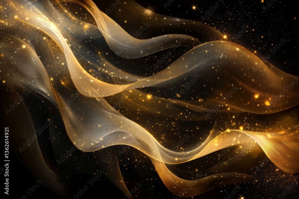 Aufkleber Dynamic golden waves with shimmering particles create a mesmerizing visual effect in dark background