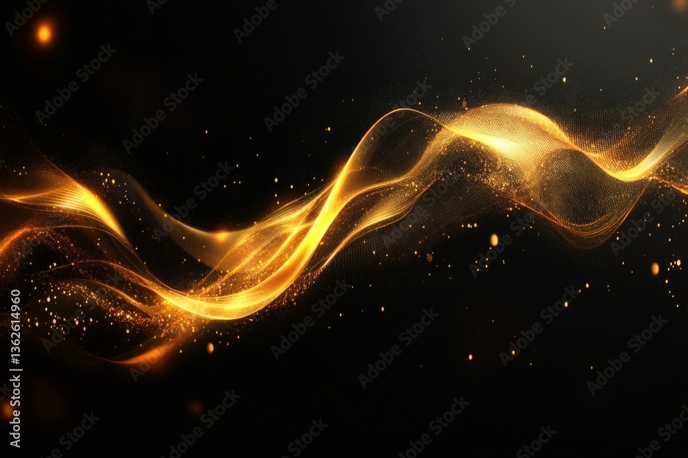 Poster golden wave of light gracefully flowing through a dark background showcasing intricate details and s