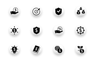 Naklejka premium Solid vector icon set with finance, banking, business, profit symbols. Web design icons.
