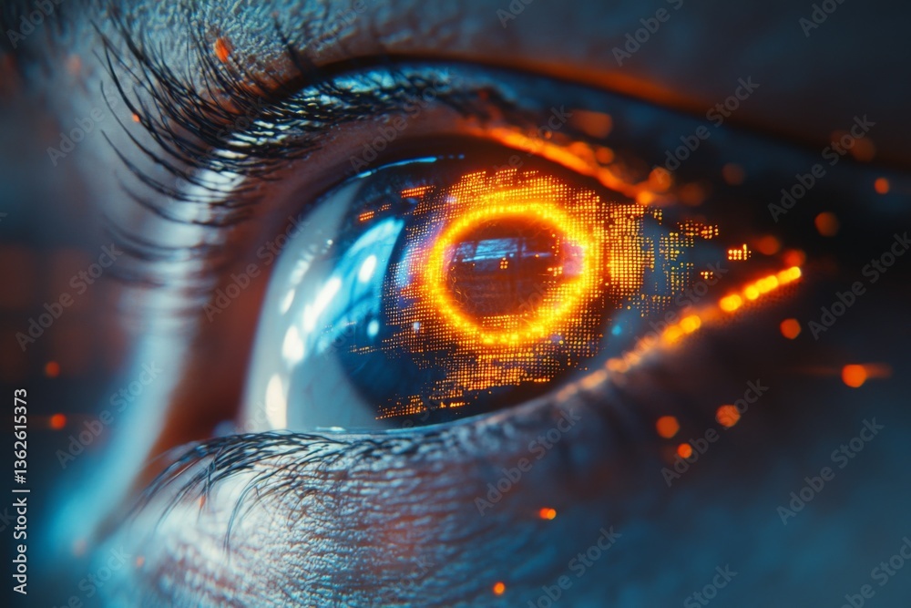 Poster digital art depicting a futuristic eye with glowing orange circuitry in a dark environment, symboliz