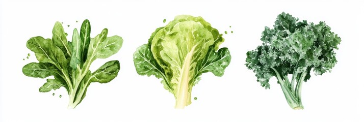 Three isolated compositions showcasing fresh leafy greens in vibrant watercolor style