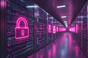 Network servers display glowing padlocks highlighting cybersecurity measures in a modern data center