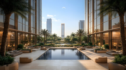 Luxury pool reflects buildings and sky under palms