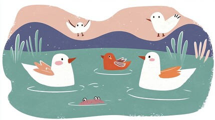 Obraz premium Whimsical Bird Pond Illustration Pastel Colors and Textured Art