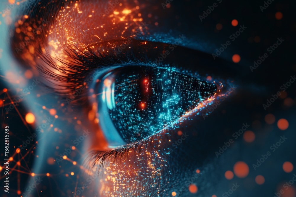 Poster Close-up view of an eye with digital and technological patterns reflecting in the iris during a futuristic concept