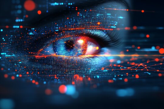 Visual representation of digital technology influencing human perception through an eye illustration