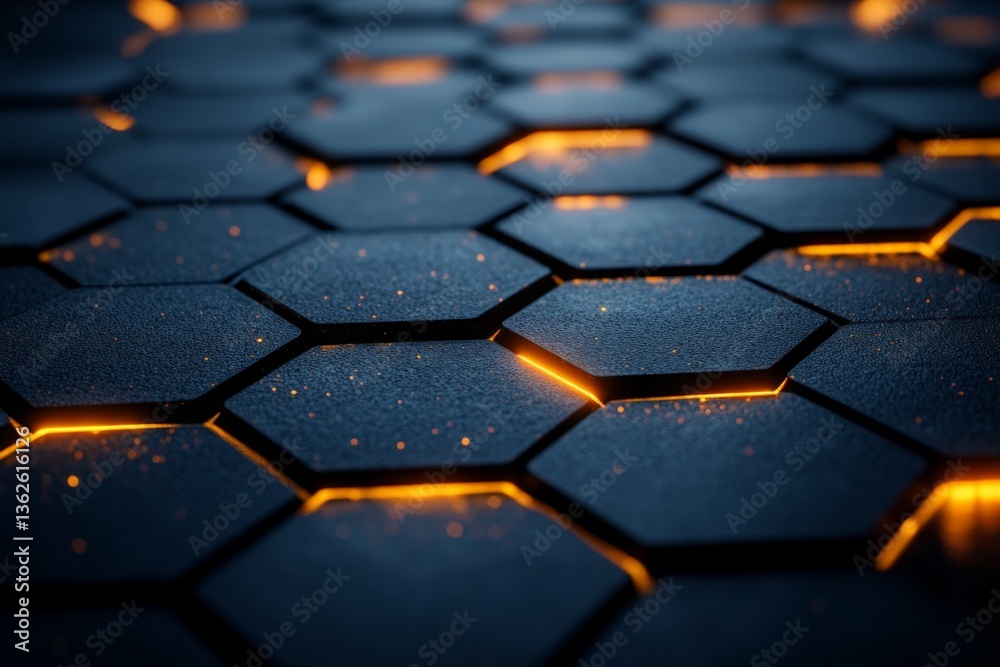 Poster Hexagonal patterns with glowing edges create a futuristic design in a dark background