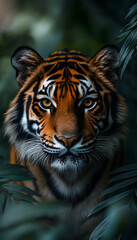 Fototapeta premium Majestic tiger portrait amidst verdant foliage