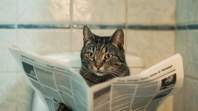 A relaxed cat in a bathrobe reads the morning news on the toilet.