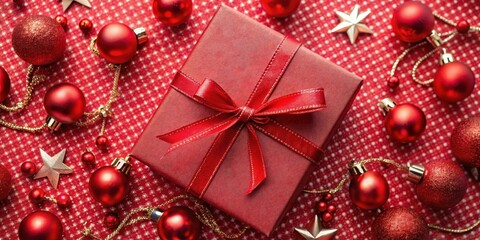 Red gift wrapping paper with festive holiday decorations and a shiny price tag, red gift, wrapping paper