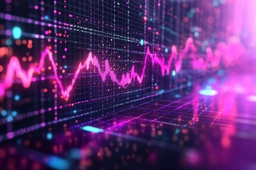 Colorful digital data visualization displaying fluctuating graph trends in a modern setting