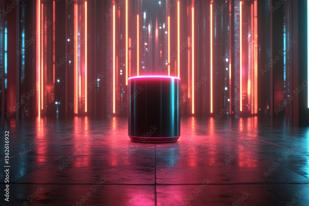 Poster futuristic cylinder with neon lights in a vibrant setting during nighttime