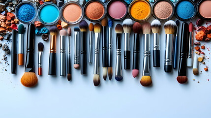 Naklejka premium Makeup brushes and colorful eyeshadow palettes atop a white background