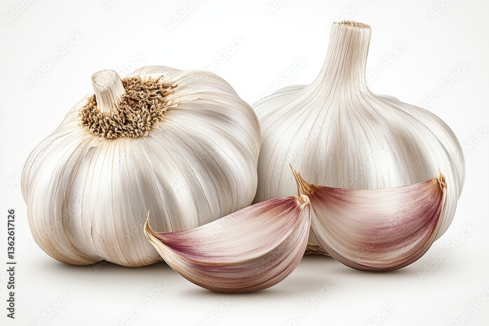 Poster fresh garlic bulbs and cloves arranged on a clean surface showcasing their texture and color