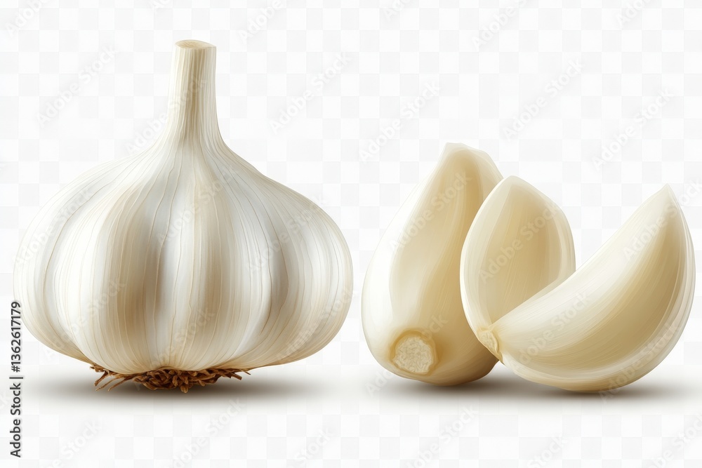 Poster Fresh garlic bulb and cloves displayed on a white background emphasizing their texture and shape