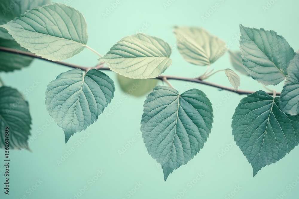 Poster elegant green leaves on a branch against a soft mint background create a calming natural aesthetic
