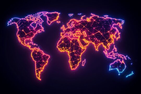 Neon world map visualizing global connections and networks in a vibrant display at night - Powered by Adobe