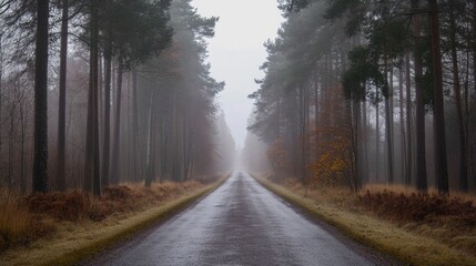 Fototapeta premium A lonely country road flanked by tall trees, disappearing into a thick layer of mist
