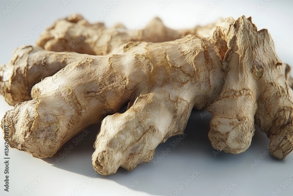 Poster Fresh ginger root displayed on a plain surface highlighting its textured surface and unique shape under soft light