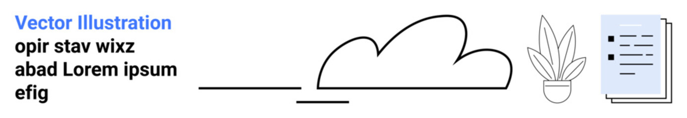 Abstract cloud with a simple plant in a pot and a document representing nature, productivity, minimalism, and harmony. Ideal for balance, workflow, sustainability, productivity, planning focus flat