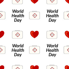 A vector repeating pattern featuring medical symbols like a first aid kit and heart icons, along with the text World Health Day. The design is colorful and suitable for health-related themes.