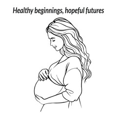 Healthy beginnings hopeful futures - Pregnant woman heartbeat line art illustration on white background