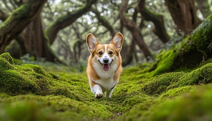 Welsh Corgi Exploring a Lush Moss-Covered Forest Embracing the Joy of Outdoor Activity
