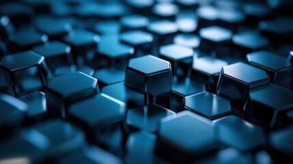 Fototapeta premium A smooth and glossy digital background of hovering glass hexagons, futuristic UI aesthetic, ultra-modern design