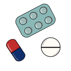 An vector illustration of various medications including a blister pack with six pills, a red and blue capsule, and a white tablet split in half.