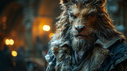 Chimera with a commanding presence, sporting a thick mane and fur-lined clothing, standing amidst warm, ambient lighting