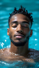 Fototapeta premium Man floats in blue water, eyes closed, peaceful expression, wet skin