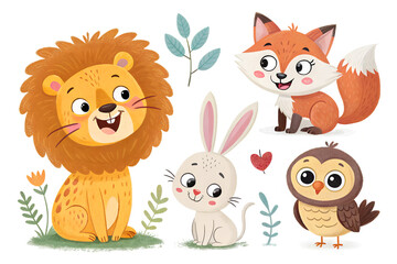 A collection of colorful, hand-drawn cartoon animals in a playful, child-friendly style. The set includes a smiling lion, a fluffy bunny, a cheerful fox, and a curious owl. Perfect for children’s book