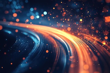 Abstract Glowing Curves Orange Light Trails with Blue Bokeh Spheres Background