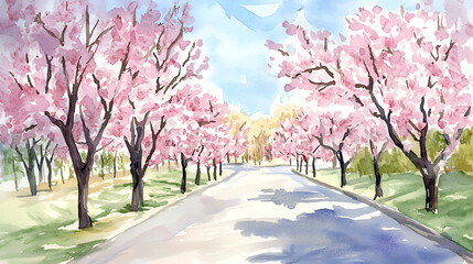 Naklejka premium A watercolor painting of a street lined with cherry trees