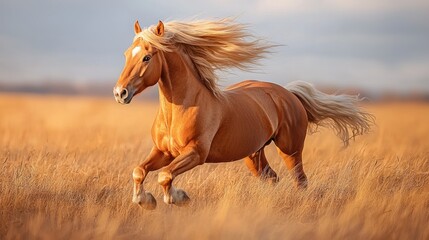 Obraz premium Golden Palomino Horse Galloping in Autumn Field