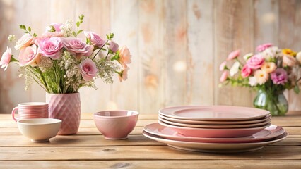 Empty pink ceramic plates arranged on a wooden table with a small vase of fresh flowers in the background, soft natural light falls on them , kitchen accessories, floral arrangement