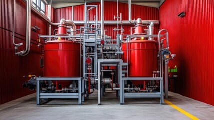 Naklejka premium A modern industrial wastewater treatment tank with visible machinery, framed by a clean red background