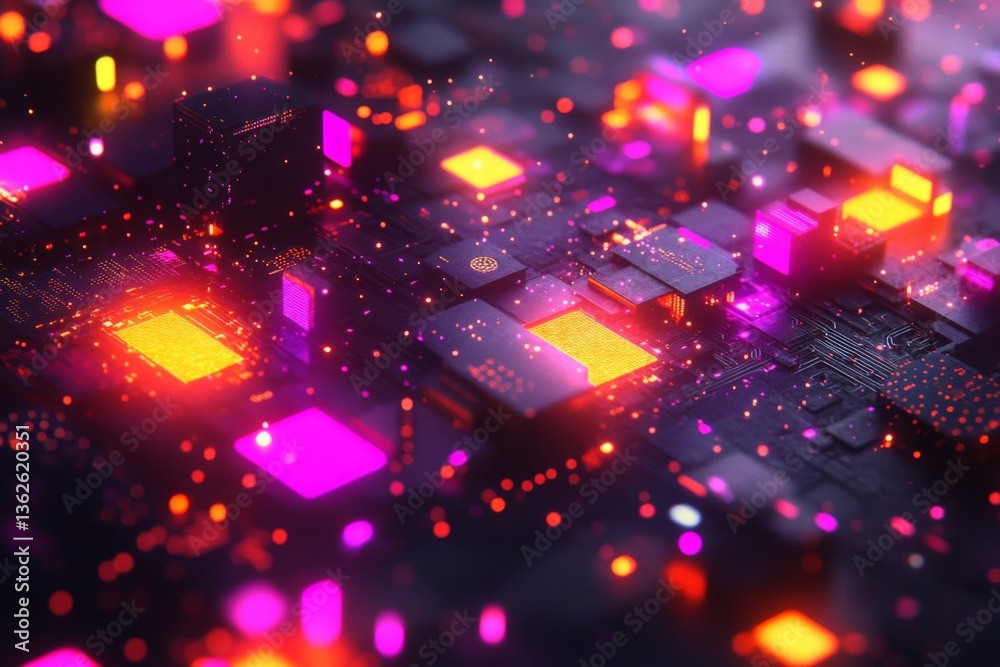 Aufkleber Colorful digital circuit board close-up with glowing elements in dark background