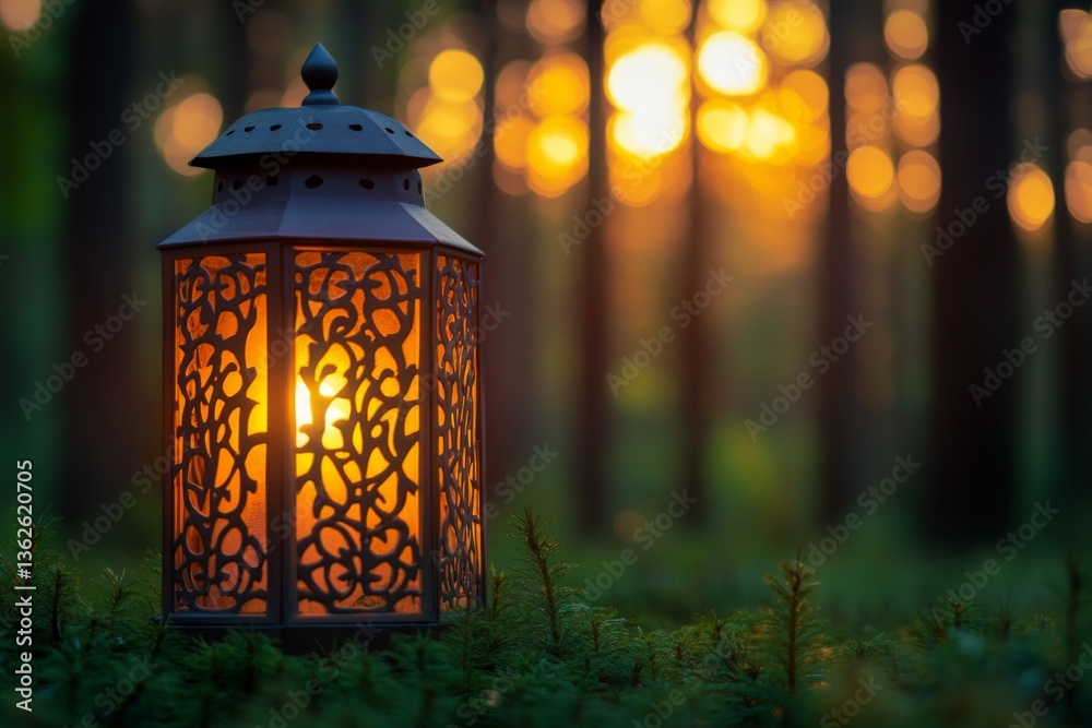 Aufkleber soft light from a decorative lantern illuminates a forest at sunset, creating a serene atmosphere
