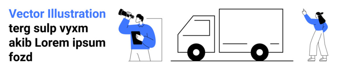 Courier observing with binoculars, delivery truck in motion, person pointing ahead. Ideal for shipping logistics, online tracking, transportation, business planning, e-commerce, delivery apps simple