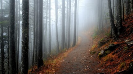 Fototapeta premium A narrow forest trail, fading into a dense fog, with towering trees on either side
