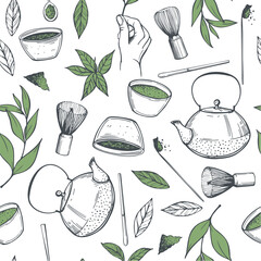 Hand-drawn matcha tea set. Vector seamless pattern.  Sketch illustration