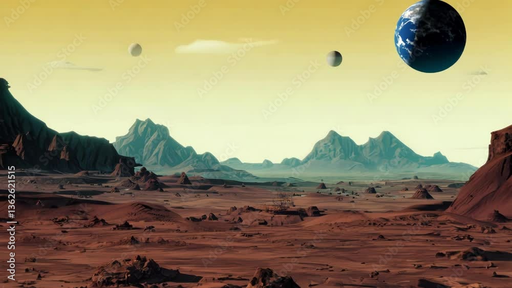 Poster retro-futuristic alien landscape featuring a distant planet and moons above a barren terrain with ro