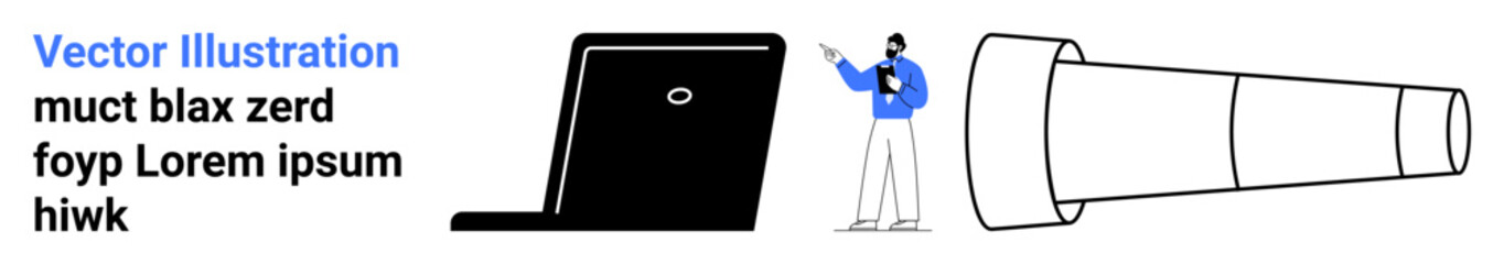 Businessperson pointing at futuristic goals alongside a sleek laptop and telescope. Ideal for data analysis, strategy, innovation, technology, exploration, workplace planning, simple landing page