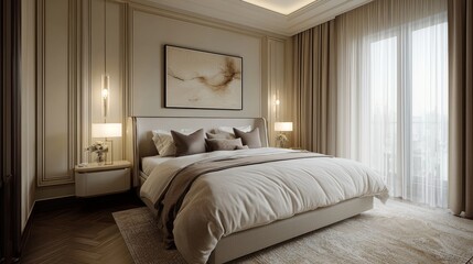 Elegant bedroom interior with beige walls, artwork and neutral color palette