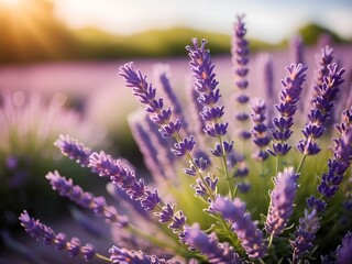 Obraz premium Lavender flowers bloom vibrantly under the warm glow of the setting sun, creating a tranquil and picturesque scene. The blurred background enhances the focus on the delicate purple petals.
