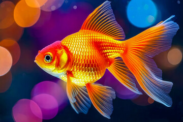 Vibrant goldfish swimming gracefully in a colorful underwater environment with shimmering bokeh effects